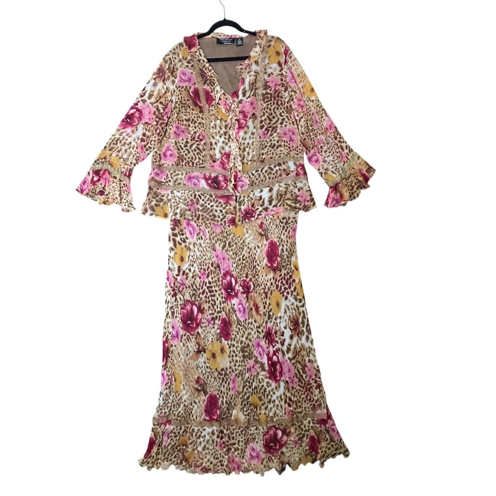 NYC Design Co Silk Skirt Set Womens 2X 3X Leopard Floral Whimsigoth Vtg Y2K Boho - Picture 10 of 16